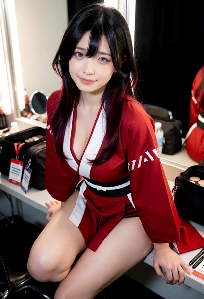Same adult Japanese woman as the reference image. Preserve her exact face, hair, eyes, makeup, body proportions, and …