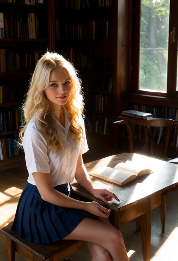 she is sitting at wooden table and sliding her foot up a leg,white school shirt,pleated navy blue skirt,library with …
