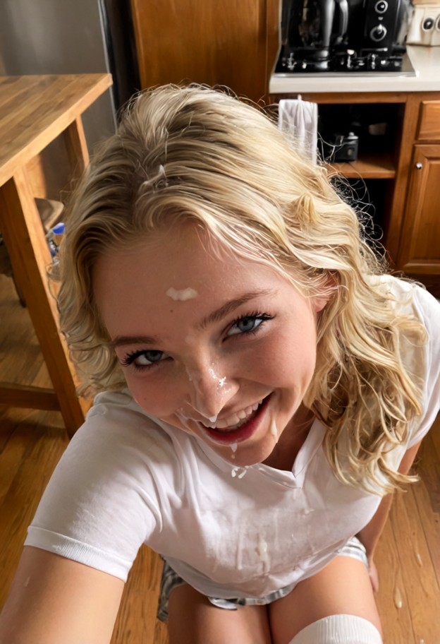 collapsed forward on wooden table,head turned back,laughing breathlessly,she is having cum sprayed on ass,white schoo…