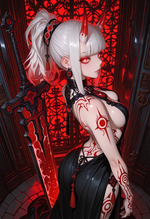 white hair,she is stands at the head of the chamber holding a glowing luxurious massive greatsword with long handle,d…