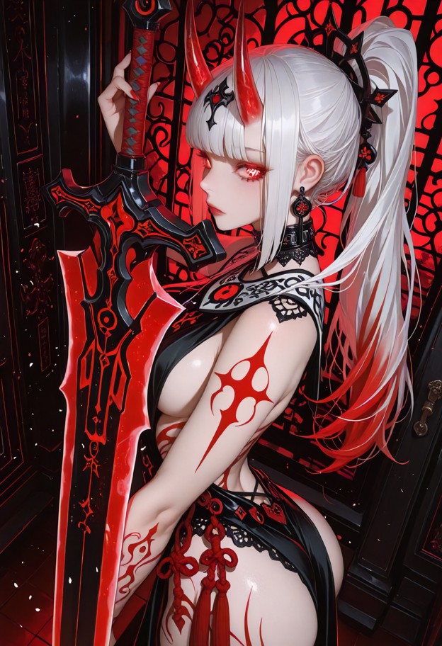 white hair,she is stands at the head of the chamber holding a glowing luxurious massive greatsword with long handle,d…