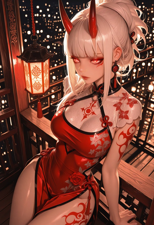 1girl,white hair,elegant woman in cheongsam,sitting on a wooden balcony railing inside a pavilion,relaxed pose,one ar…
