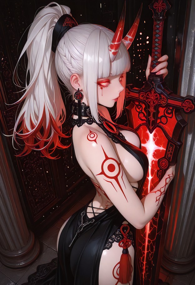 white hair,she is stands at the head of the chamber holding a glowing luxurious massive greatsword with long handle,d…