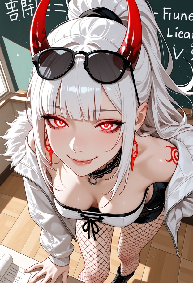 1girl,white hair,standing inside a classroom's chalk board,satin cropped cargo jacket with fur hoodie,slipping off on…