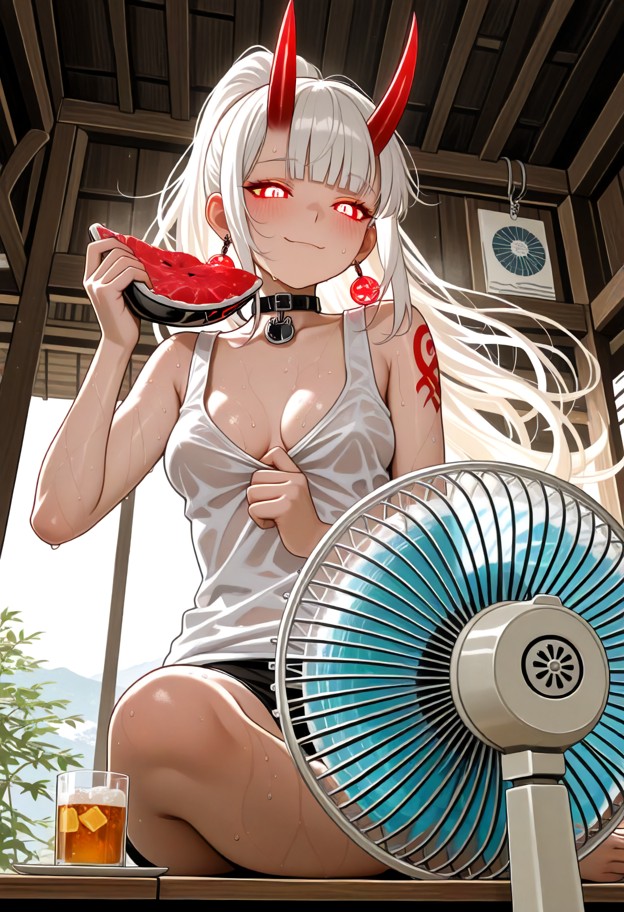1girl,white hair,solo,anime style,extremely hot japanese countryside summer,sitting on a wooden engawa of a tradition…