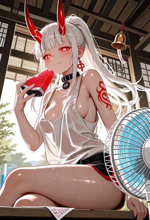 1girl,white hair,solo,anime style,extremely hot japanese countryside summer,sitting on a wooden engawa of a tradition…