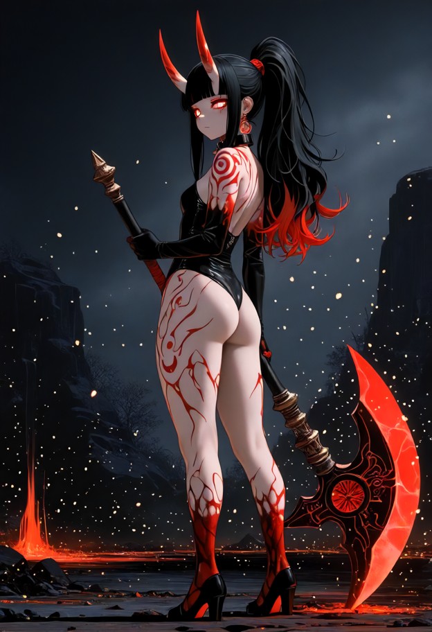 distant
 wide shot of a female blacksmith holding a [massive two-handed battle 
axe with a wavy,serrated obsidian bla…