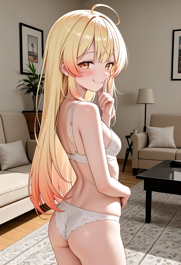 1girl,solo,standing,back to camera,looking back,smug,smile,blush,white underwear,simple bra,simple panties,hand to mo…