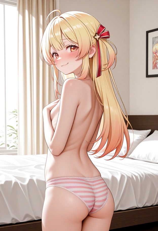 1girl,solo,standing,back to viewer,looking back,blush,embarrassed,smug,topless,pink stripes panties,full-body view,he…