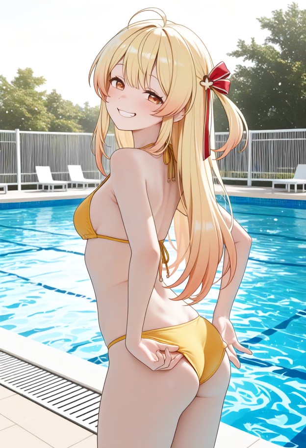 1girl,small woman,solo,standing,back to camera,looking back at camera,smug grin,blushing,adjusting bikini,light yello…