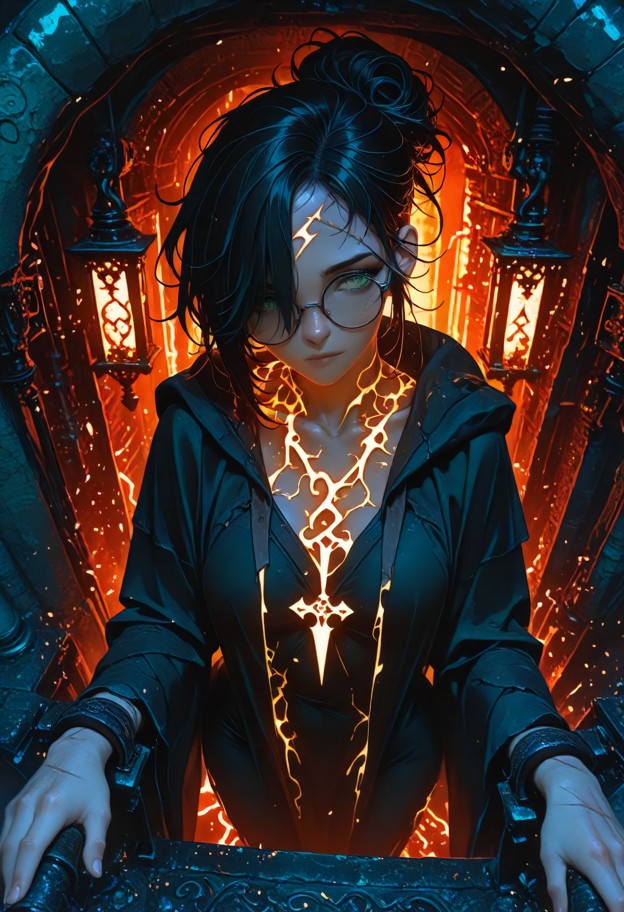 ultra-detailed anime illustration with high-fantasy influence: a high priestess is immobilized,bound by glowing chain…
