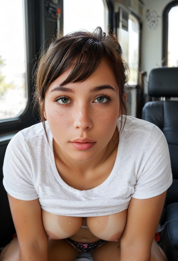 on her knees performing,she is,1guy,penis,blowjob,pov,white cotton t-shirt,black lace underwear,crowded bus interior,…