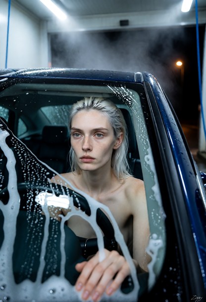 A cinematic photograph taken from outside a car at night, in a car wash tunnel, the camera close to the driver's side…