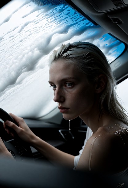 A cinematic photograph taken from inside a car at night, the camera low on the passenger seat, looking across at her.…