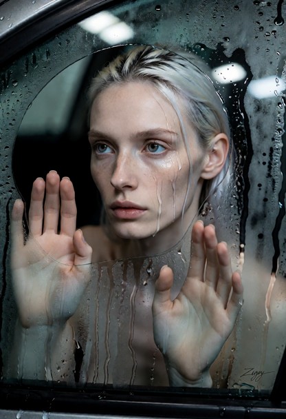 A cinematic photograph taken from outside a car at night in a car wash tunnel, the camera close to the fogged driver'…