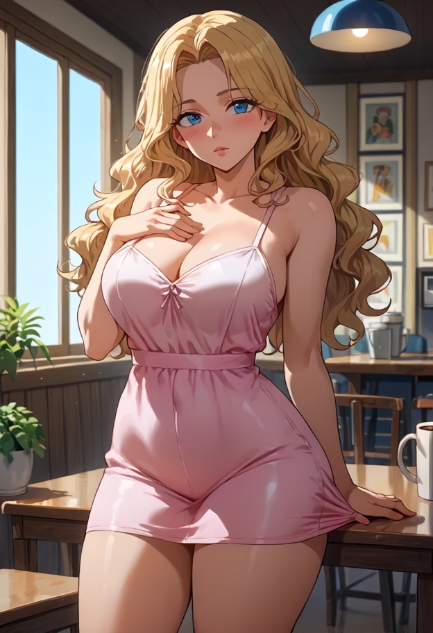 1girl,woman,standing,leather interior,day light,coffee table,kissed by guy,showing thighs,light sundress,pulling dres…