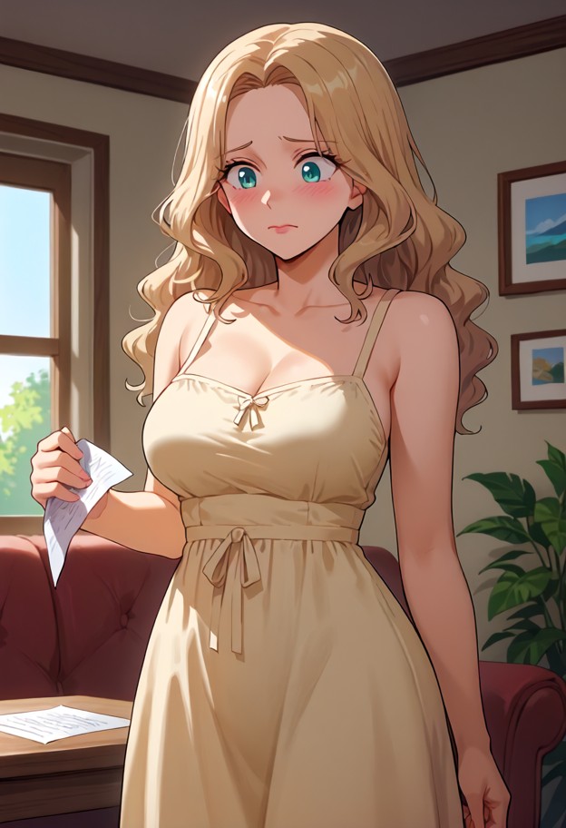 1girl standing,adjusting sundress,looking down,nervous expression,holding paper,beige couch,wooden coffee table,livin…