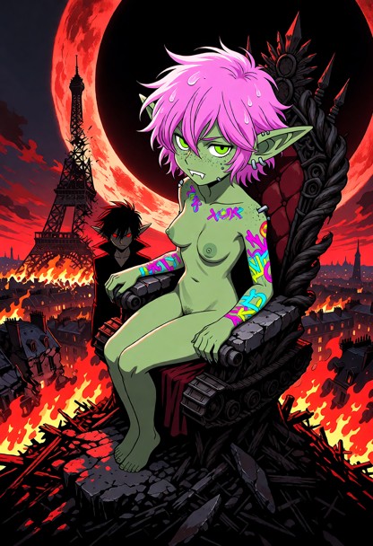 epic finale scene in hellsing ultimate anime style. the female vampire queen sits regally on a throne made of twisted…