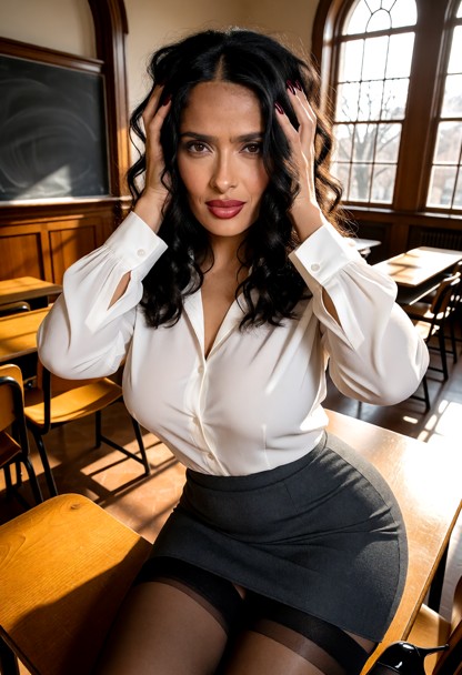 Location: bright afternoon in a spacious lecture hall with tall windows, polished wooden desks, and a large chalkboar…
