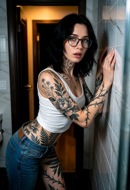 Location: a dimly lit, private bathroom with dark wood accents and cold white-tiled walls, where the warm amber light…
