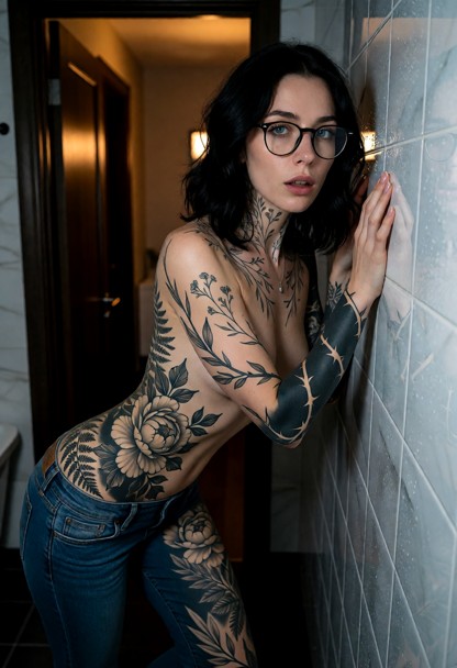 Location: a dimly lit, private bathroom with dark wood accents and cold white-tiled walls, where the warm amber light…