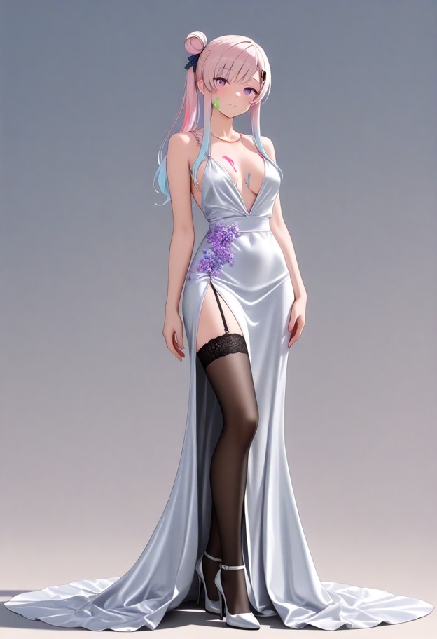 she is is standing in an evening dress,evening dress,dress with slit,stockings,stiletto heels,elegant ballroom,full b…