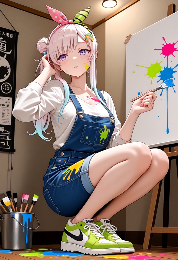 lofi stands in an art studio blushing and tucking hair behind ear,denim overalls,white low-neck cotton shirt,paint sp…