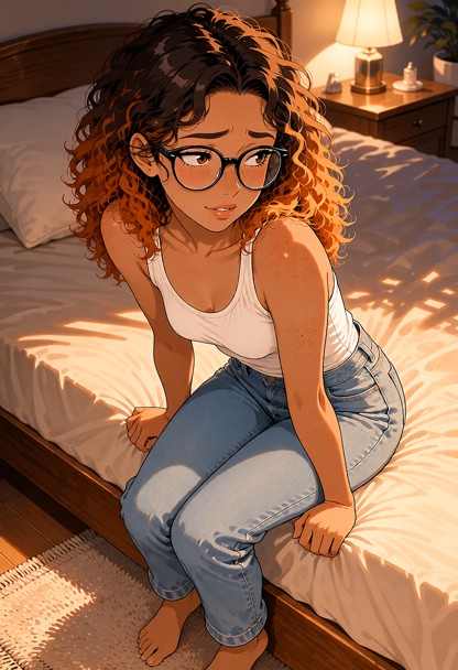 Location: dim evening in a private bedroom where soft amber light from a bedside lamp casts long, gentle shadows acro…