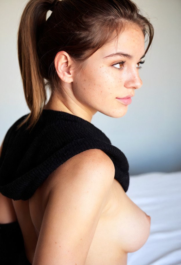 on_back,on bed,arched_back,black_sweater hiked up above boobs. from_side,flirty,subtle smile,direct gaze,soft express…