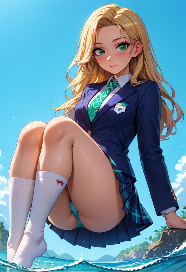 school uniform, skirt, blazer, tie, knee-high socks, light makeup, soft blush,