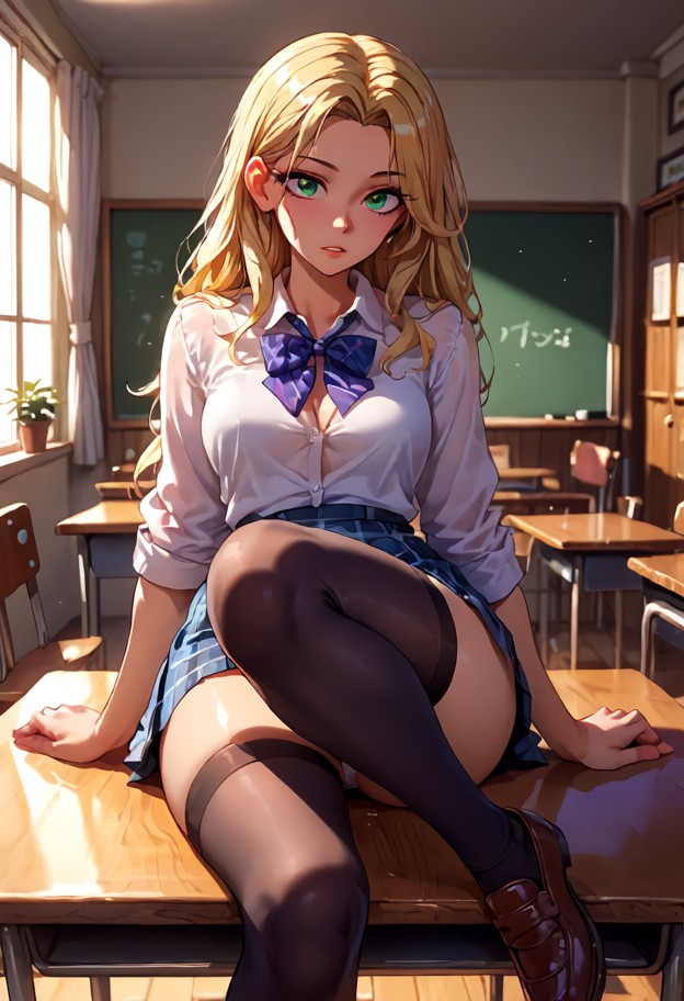 1girl,solo,sitting on edge of wooden desk with legs wide open,hips grinding forward,gripping desk edge with hands,thi…