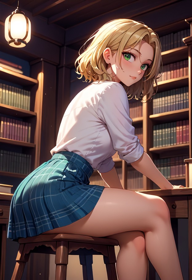 1girl,solo,sitting on wooden chair with legs crossed,leaning forward,short plaid skirt lifted slightly,university lib…