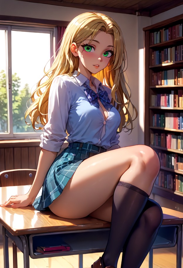 1girl,sitting on edge of wooden desk with legs wide open,back arched,moaning with parted lips,tensed thighs,white sch…