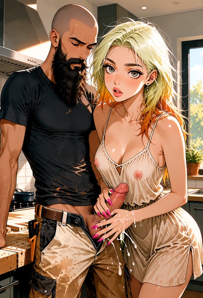 you are in the kitchen, wearing loose fit sun dress showing cleavage, there is a tall bald bearded man working on fit…