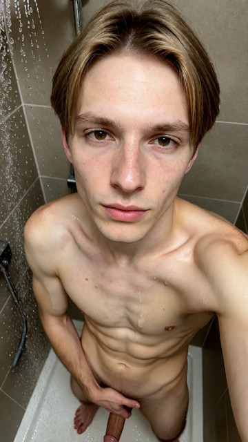 Daniel now with 60 years old. selfie shoot under the shower. one hand covering his dick.
