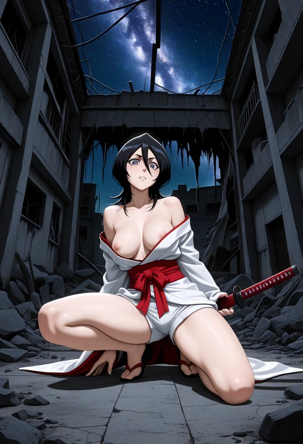 1girl,on one knee,gripping katana,torn white kimono,deep crimson obi,white undershorts,kimono sliding down shoulders,…
