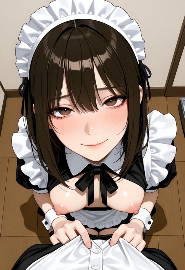 sheis kneeling,she is pulling down her shirts slightly to reveal her nipples,looking up at viewer,puffy_nipples,maid …