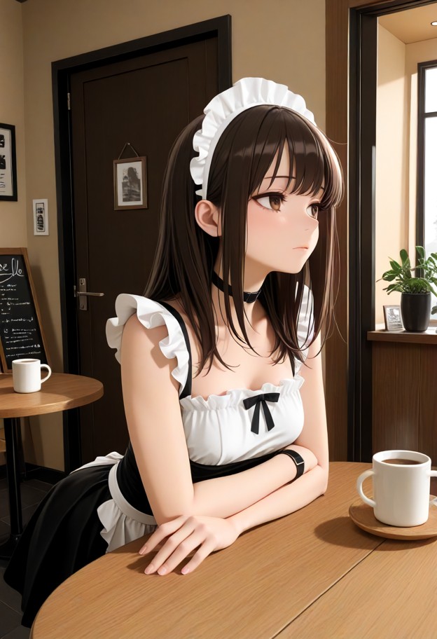 she is stands with arms crossed over her chest in an empty cafe,white cotton maid blouse,black fabric skirt,empty caf…