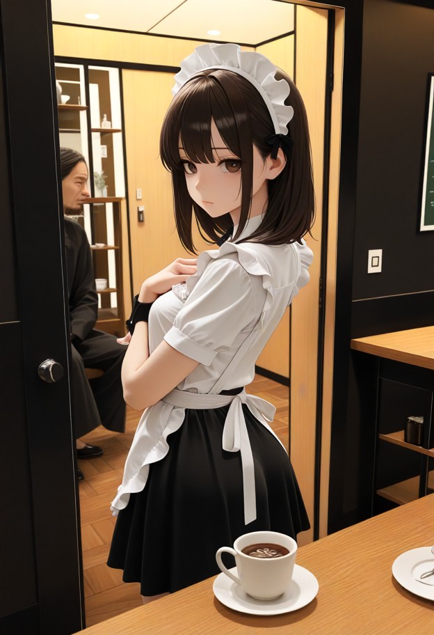 she is stands with arms crossed over her chest in an empty cafe,white cotton maid blouse,black fabric skirt,empty caf…