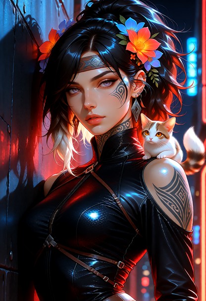 Cette illustration numérique saisissante met en scène une jeune femme au style élégant et rebelle, dont le regard cap…