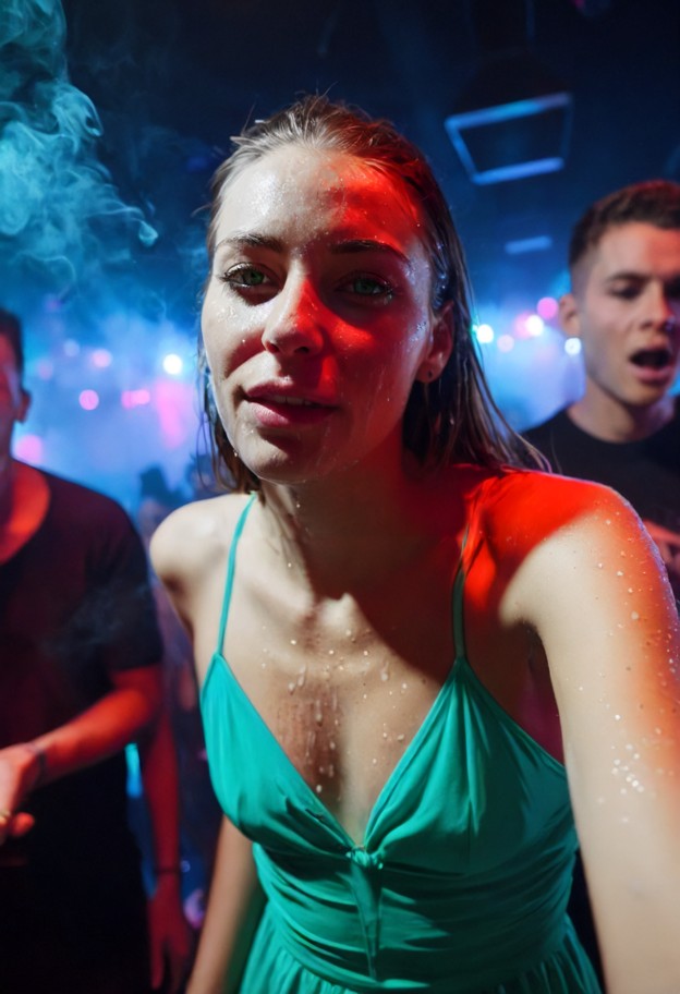 1girl,1guy,sweaty skin,kissing,intense dancing,in a nightclub,spotlights,stroboscope,partying,party smoke,lots of peo…