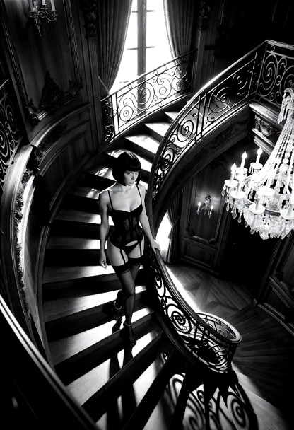 Cinematic high-contrast black-and-white photograph in the style of classic film noir. Viewed from a true high-angle b…