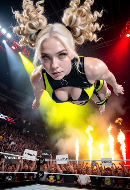 Dynamic low-angle full-body action photo of a blonde female wrestler with elaborate curly space buns performing a mid…
