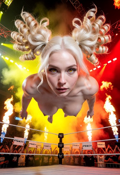 Action-packed wide-angle photo of a female wrestler performing a mid-air backflip in the center of a professional wre…