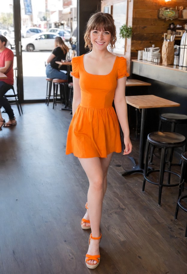 in a cafe,walking through cafe,wearing short sleeve orange dress,orange ankle strap wedge sandals,ponytail with bangs…