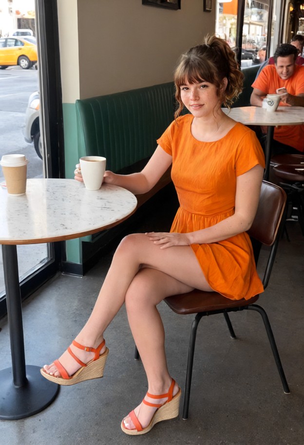 in a cafe,sitting in a chair,handbag on table,wearing short sleeve orange dress,orange ankle strap wedge sandals,pony…