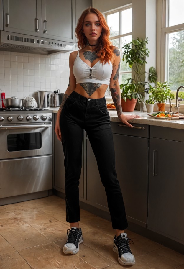 aurora stands by the window holding her smartphone,white cotton crop tank,dark grey cargo pants,scuffed white leather…