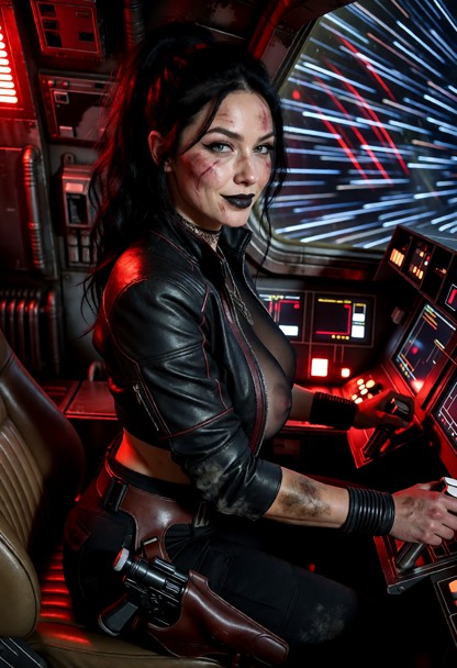Location: the dim, industrial interior of the cockpit, where pulsing red emergency lighting casts rhythmic, heavy sha…