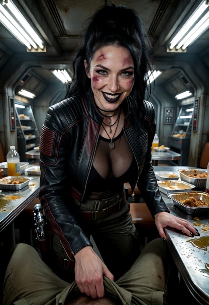 Location: the messy starship mess hall, where harsh fluorescent overhead lights flicker above cluttered tables covere…