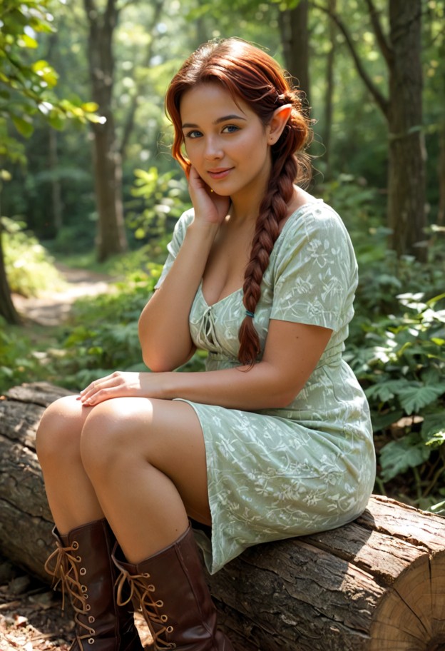she is sitting on a wooden log in a forest clearing,green linen tunic,brown leather boots,forest,dappled sunlight,med…